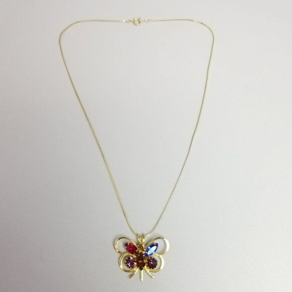 Vintage Colorful Rhinestone Butterfly Pendant Necklace, Gold Tone Setting, Estat - Picture 3 of 8